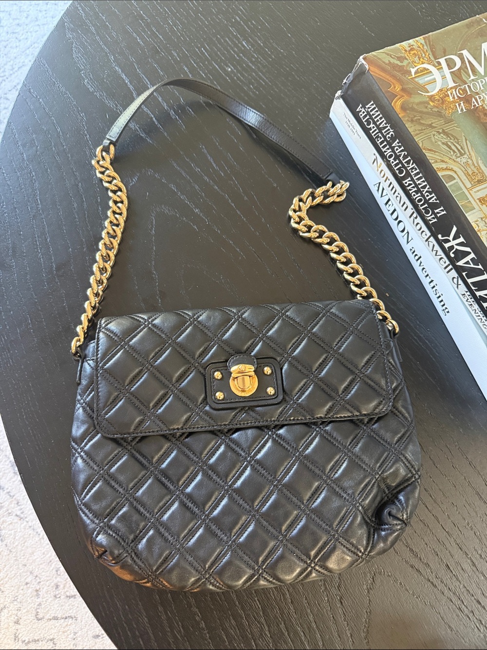 Marc Jacob’s The Single Large Quilted Black Shoulder Bag Purse Chain Gold Y2K